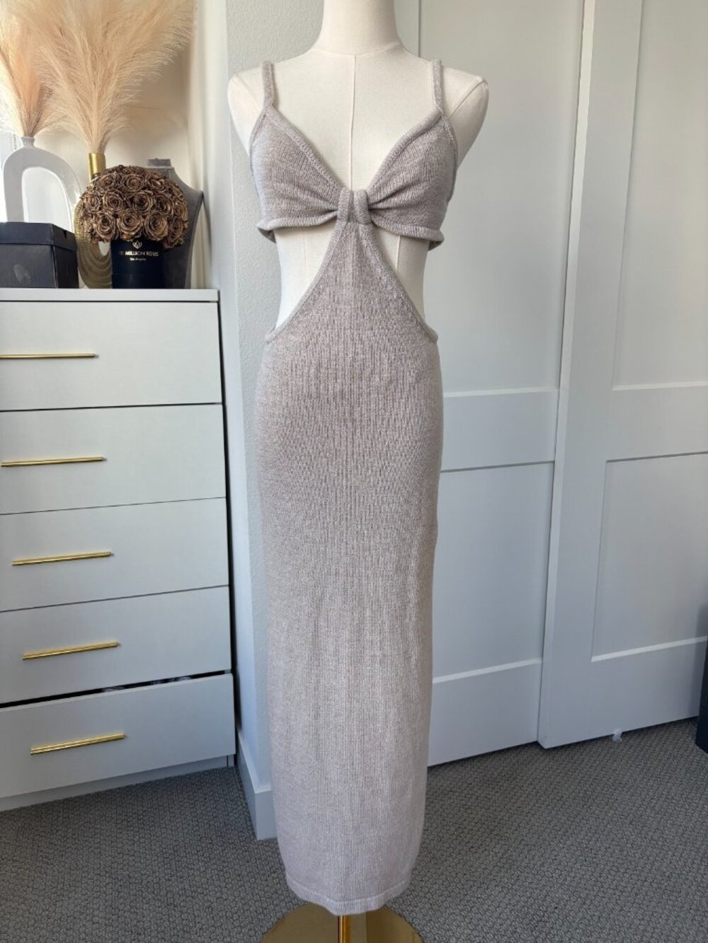 VACATION Beige Botany Knit Strappy Side Cut-Out Style Dress Women's Midi Small
